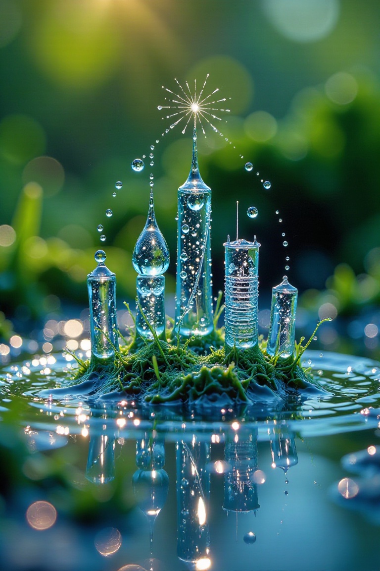 microscopic photography,  Dropletica,  a miniature water droplet city on Tensor.Art