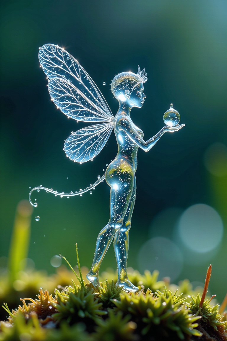 microscopic photography,  A photograph of a transparent,  delicate glass sculpture of a fairy on Tensor.Art