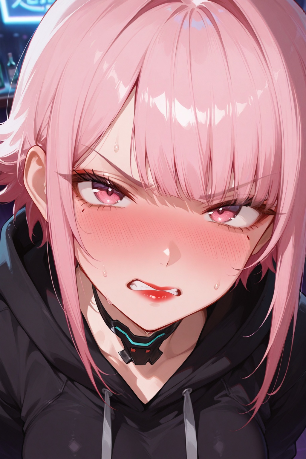masterpiece, best quality, amazing quality, very aesthetic, high resolution, ultra-detailed, absurdres, newest, 8k UHD, POV, close up, 1girl, solo, look at viewer, short pink hair, bangs, pink eyes, red lips, tsundere, blushing, angry cute face, cyberpunk style, bar, standing, black hoodie, red shirt