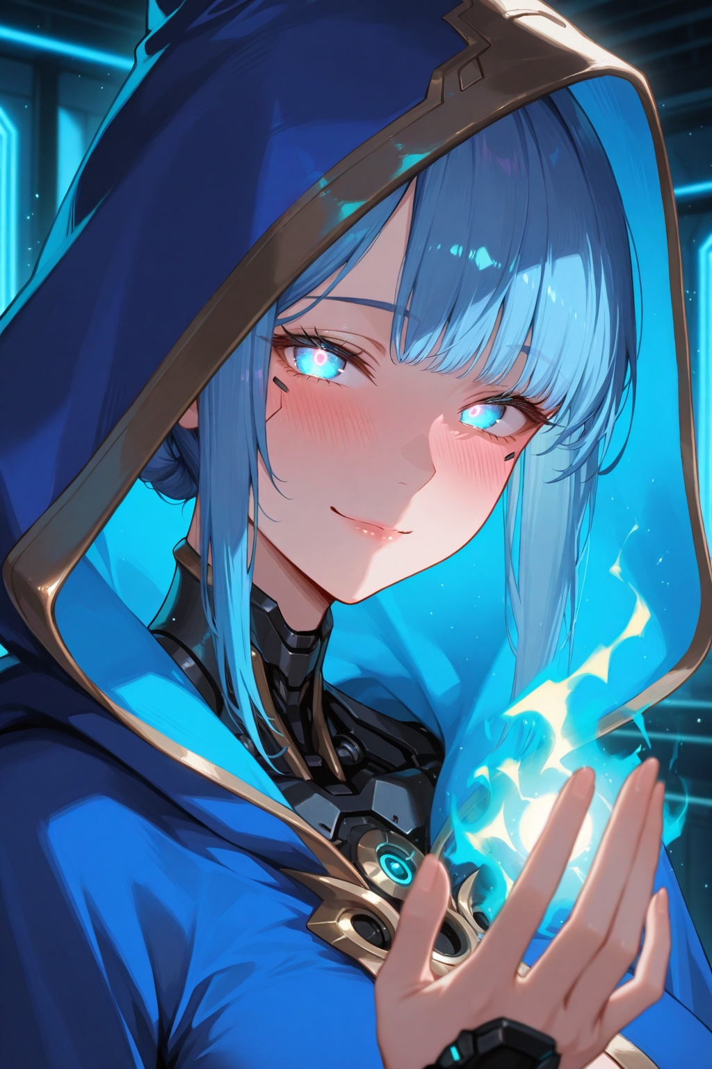 masterpiece, best quality, amazing quality, very aesthetic, high resolution, ultra-detailed, absurdres, newest, 8k UHD, close up, cyborg, 1girl, solo, look at viewer, short blue hair, bobbed hairstyle, bangs, slight smile, happy face, blushing, glowing eyes, cyberpunk, indoors, sorceress, blue robe, hood, magic, fantasy, blue energy aura, blue light particles, neon room