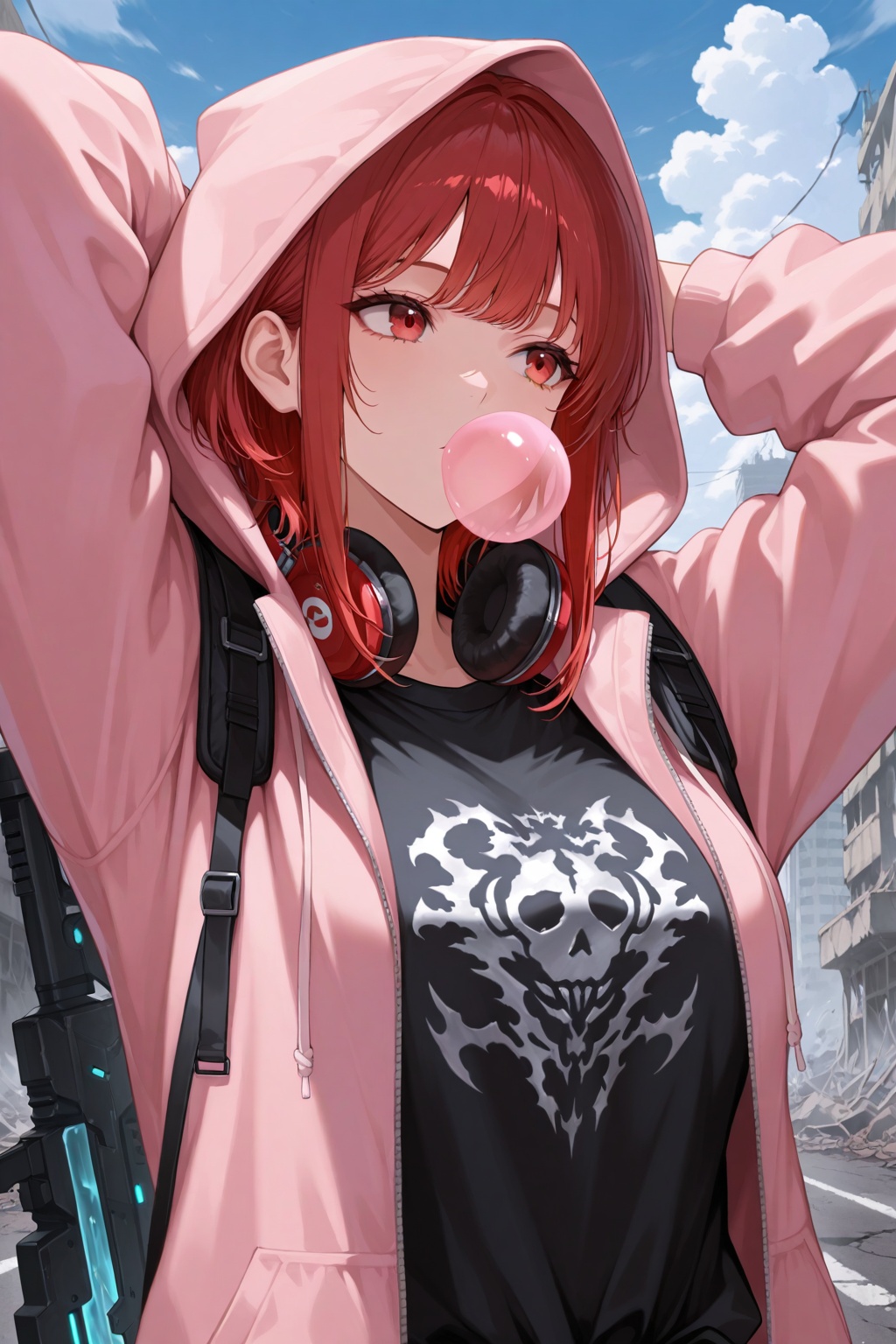 masterpiece, best quality, very aesthetic, ultra-detailed, absurdres, upper body, facing viewer, hands behind own head, 1girl, solo, look away, red hair, medium hair, choppy bangs, himecut, sidelocks, red eyes, bubble gum, pink hoodie, hood up, black shirt, techwear, plasma rifle, (weapon on own behind), headphone on neck, apocalypse, ruined city, blue sky, street, clouds, sci-fi