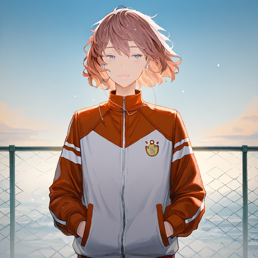 newest,  late,  1boy androgynous bishounen blue_background blue_sky border chain-link_fence closed_mouth day earphones fad...