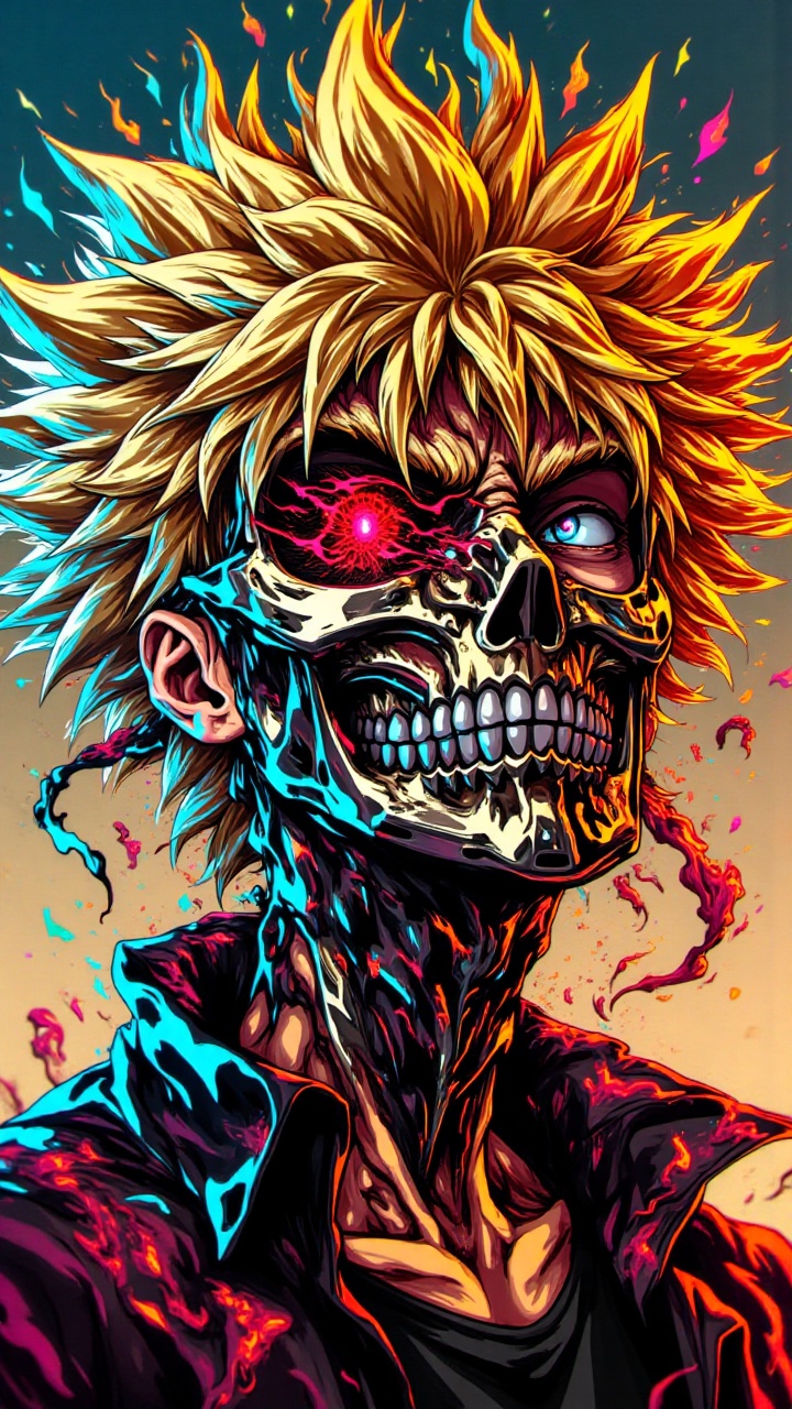 AnimeHeroWallpaper: A dynamic and intense anime-style illustration of a character with wild blonde hair,  partially obscur...