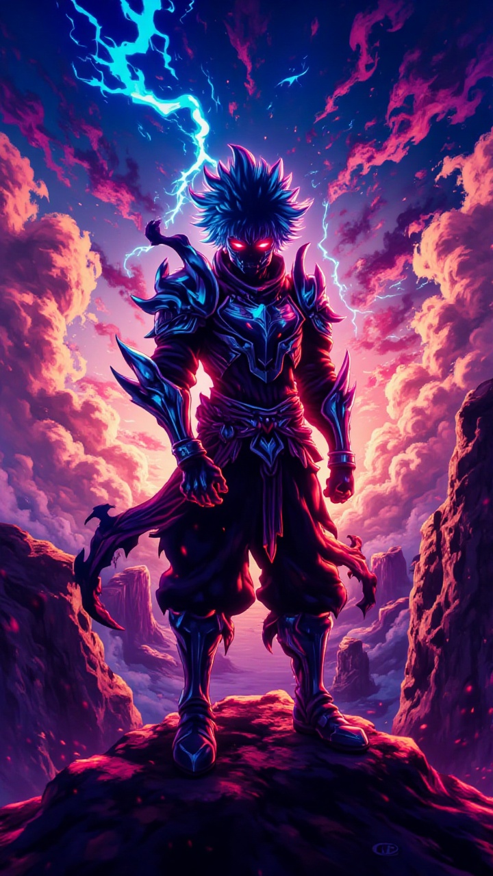 AnimeHeroWallpaper: A fierce anime character with vibrant blue hair and glowing red eyes,  wearing a black and silver armo...