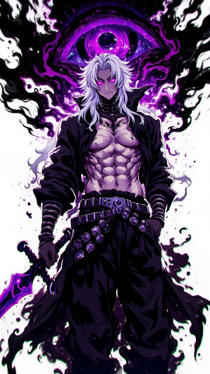 AnimeHeroWallpaper: A stylized anime character with long white hair and glowing purple eyes. He wears a black outfit with...