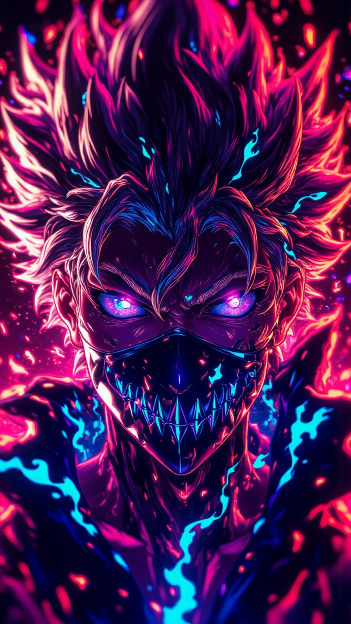AnimeHeroWallpaper: A close-up of an anime character with vibrant red and blue lighting,  showcasing exaggerated,  fiery h...