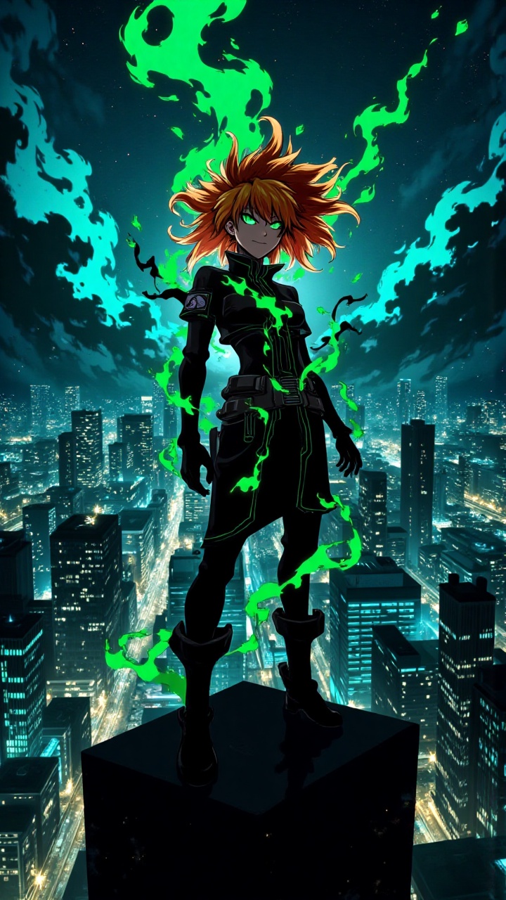 AnimeHeroWallpaper: A powerful female anime character with fiery orange hair and piercing green eyes,  wearing a sleek bla...