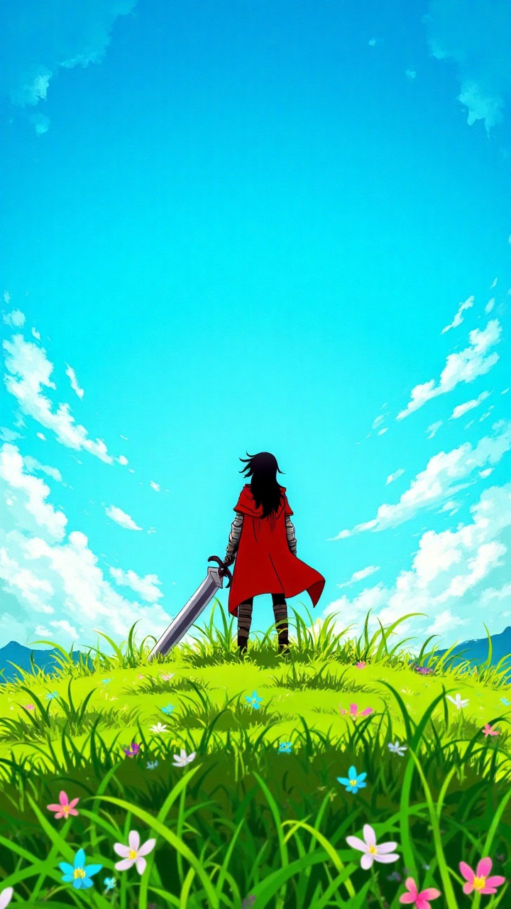 AnimeHeroWallpaper: A lone warrior with long hair stands on a grassy hilltop,  holding a large sword. They wear a red cape...