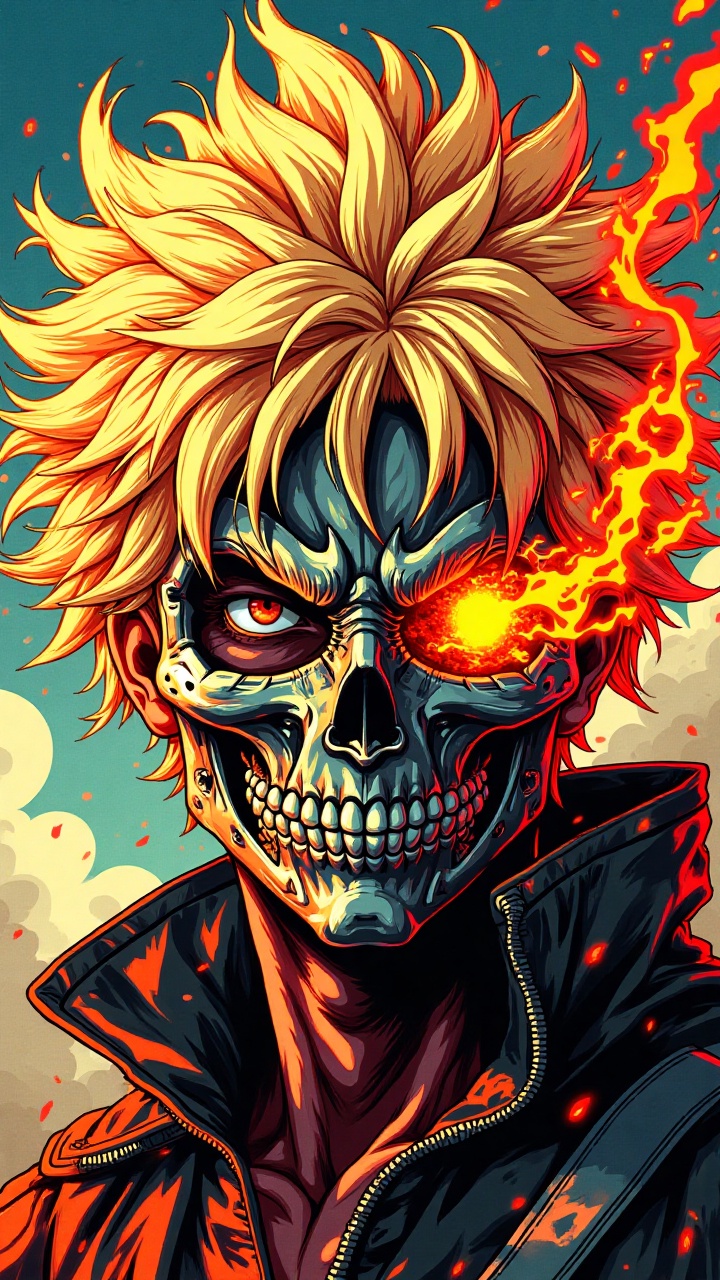 AnimeHeroWallpaper: A dynamic and intense anime-style illustration of a character with wild blonde hair,  partially obscur...