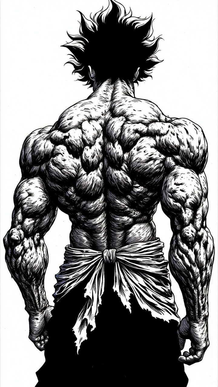 AnimeHeroWallpaper: A highly detailed black and white illustration of a muscular character from the back. The character's...