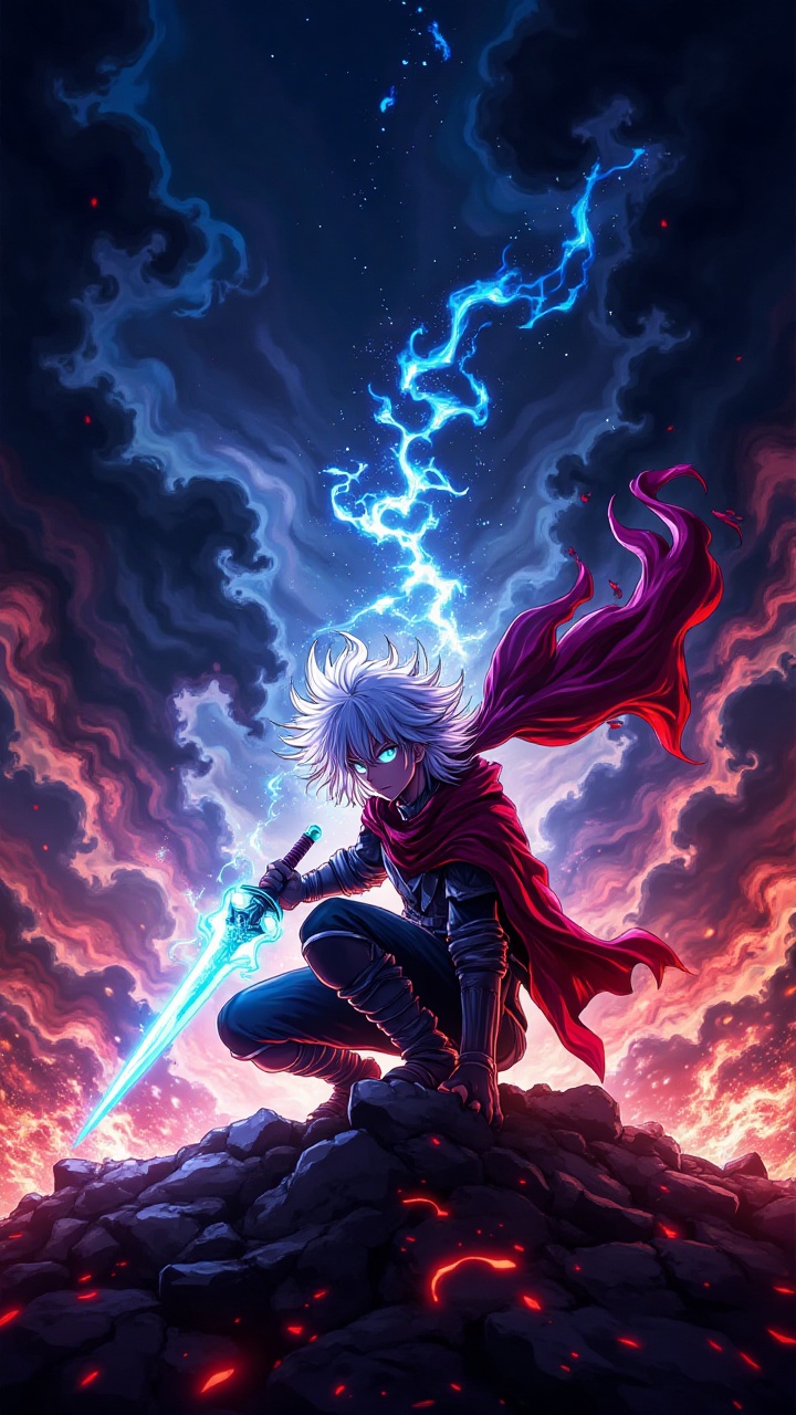 AnimeHeroWallpaper: A stylized warrior with long white hair and a flowing red cape,  wielding a glowing sword,  crouching...