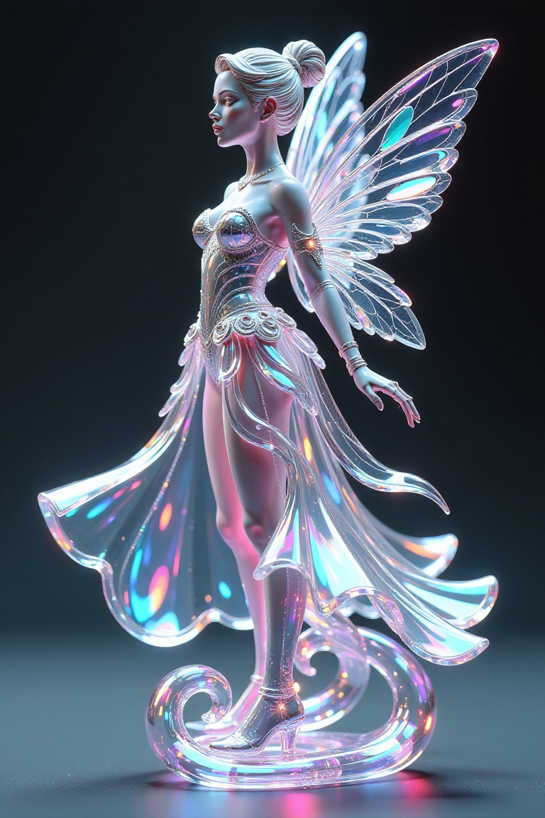 A crystal fairy,  with delicate wings and flowing dress,  materials and effects: crystal glass with transparent glass text...