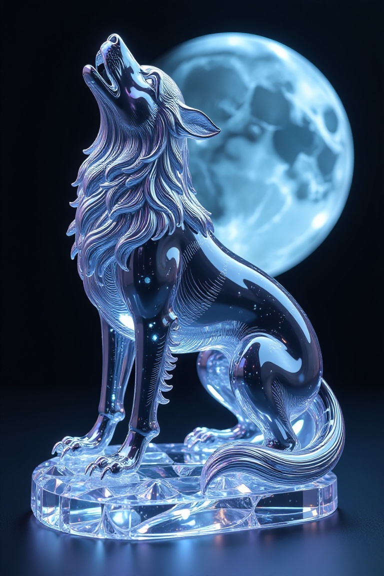 A crystal wolf,  howling at the moon,  materials and effects: crystal glass with transparent glass texture on Tensor.Art