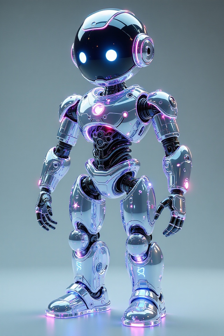 A crystal robot,  with glowing eyes and intricate mechanical details,  materials and effects: made of crystal glass on Ten...