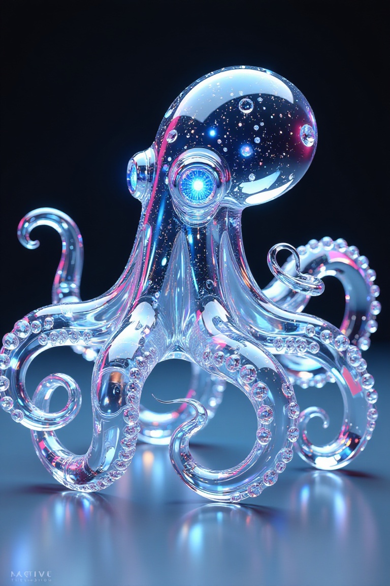 A crystal octopus,  with swirling tentacles and glowing eyes,  materials and effects: crystal glass with transparent glass...