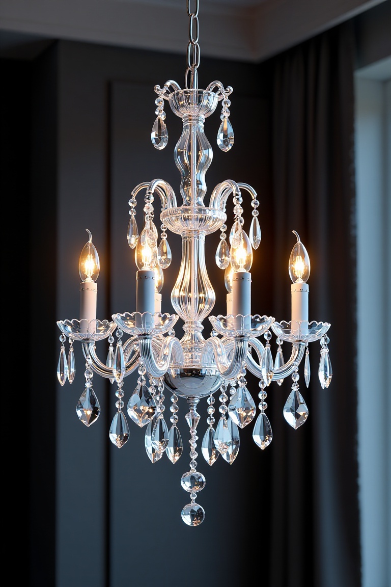 A crystal chandelier,  hanging from a ceiling,  materials and effects: made of crystal glass on Tensor.Art
