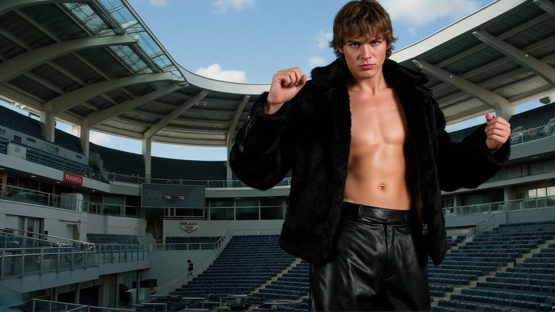 A magazine scan photo of a young man with a strong,  focused expression strikes a dynamic fighting pose in a futuristic st...