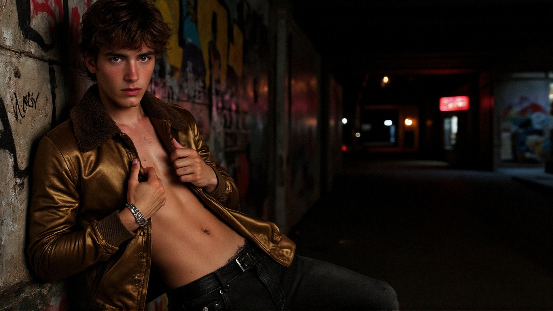 A magazine scan photo of a young man leans against a graffiti-covered wall in a dimly lit,  urban setting,  exuding raw at...