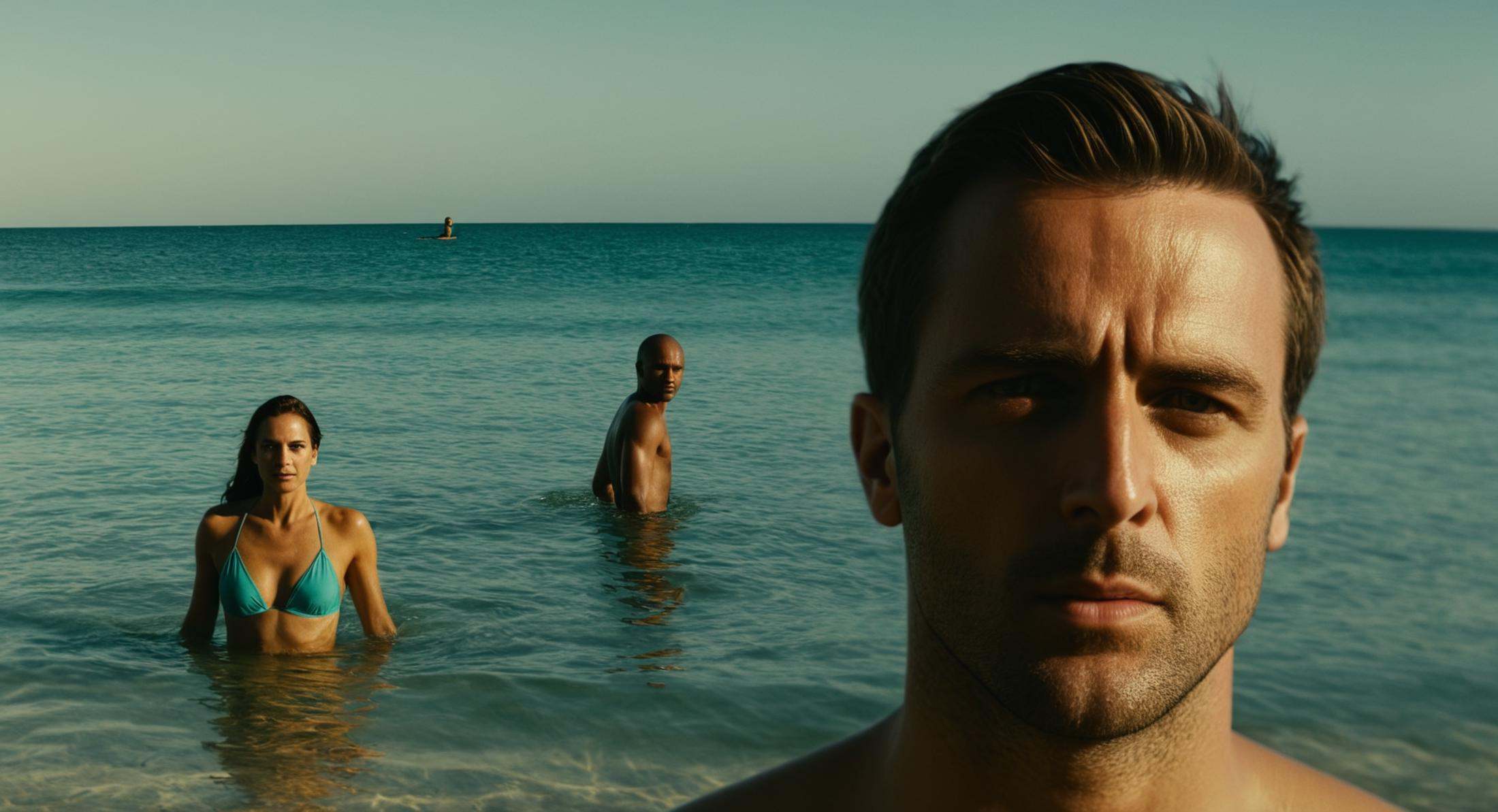 cinematic film still of Split image focus of closeup of a man is standing on beach behind the water with a a woman swimmin...