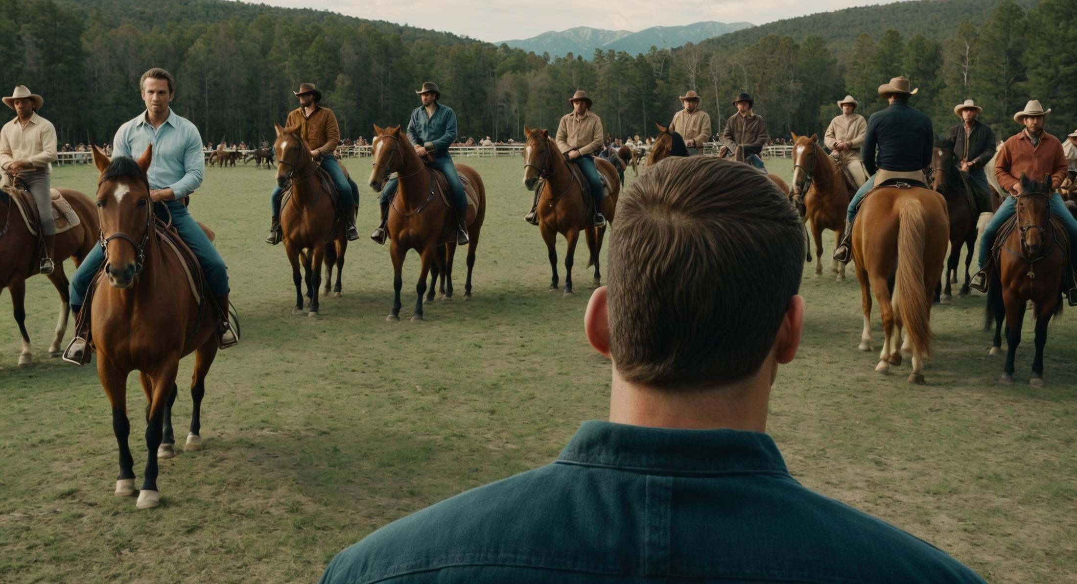 cinematic film still of Split image focus of a man's back at the left looking at a group of people riding horses far away,...