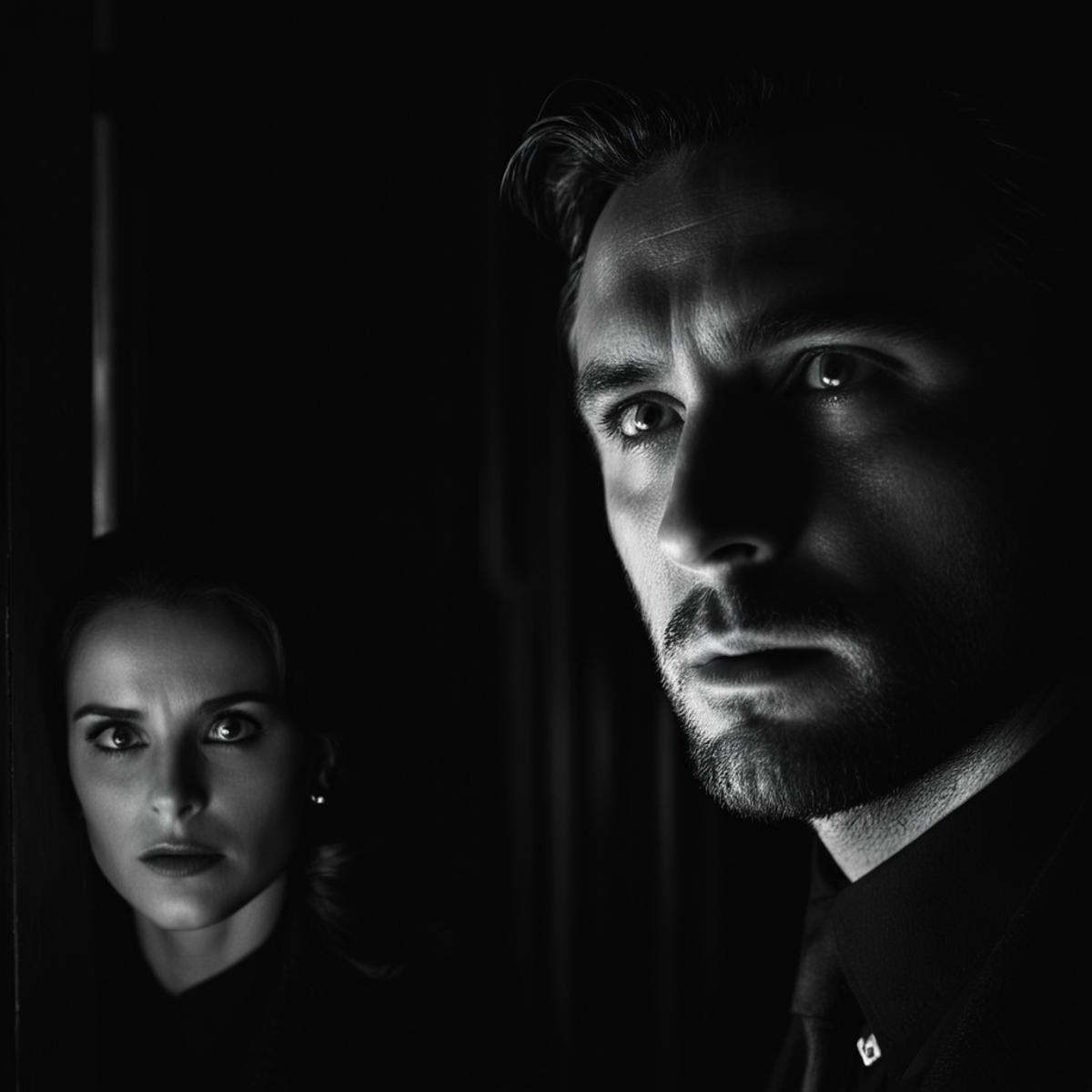 cinematic film still of From above,  Split image focus of a closeup of a man is looking up at something with a woman in th...