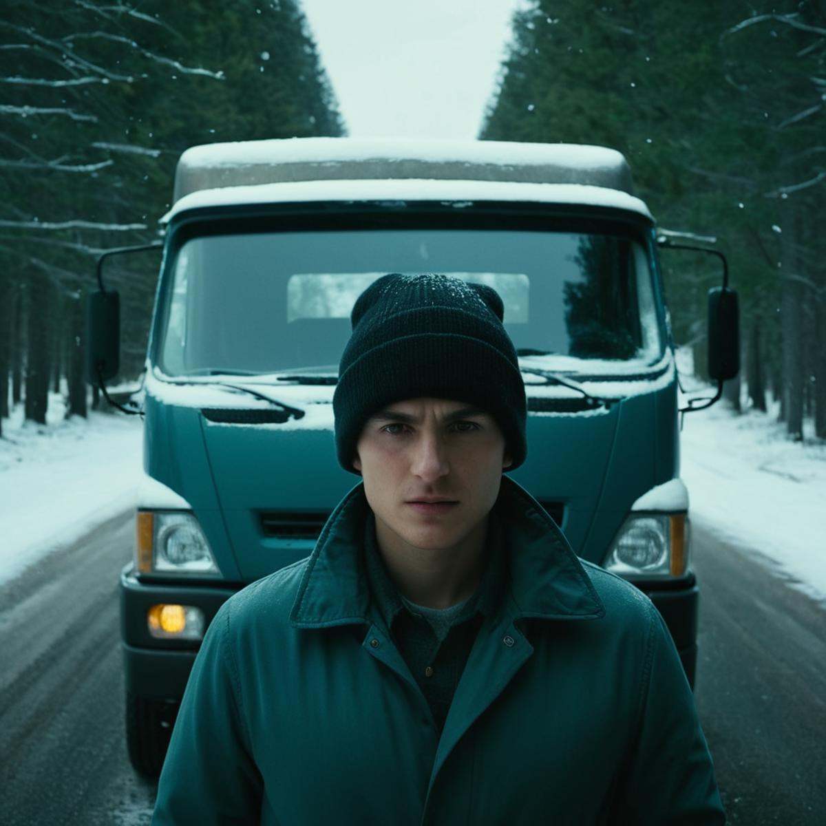 cinematic film still of Split image focus of closeup of a truck car on the left in the snow standing next to two men on th...