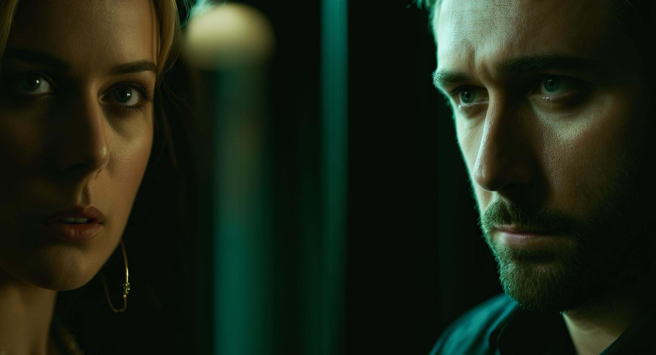 cinematic film still of Split image focus of a closeup of a man on the right talking on the telephone in the dark in front...