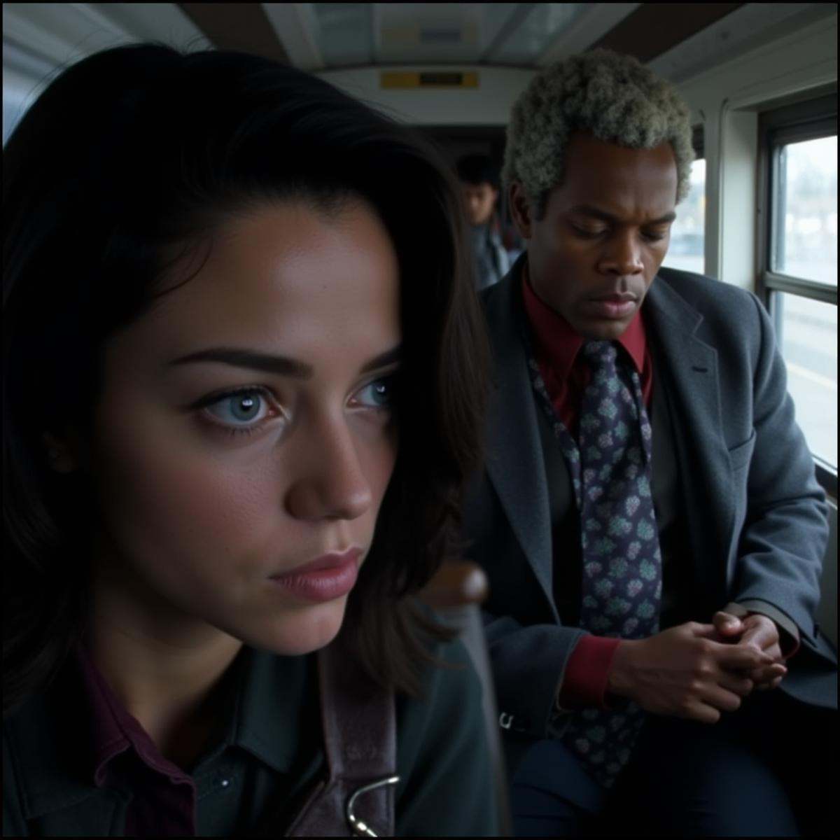 In Split Diopter style,  Split image focus of a closeup of a young woman with makeup staring at something in front of a bl...