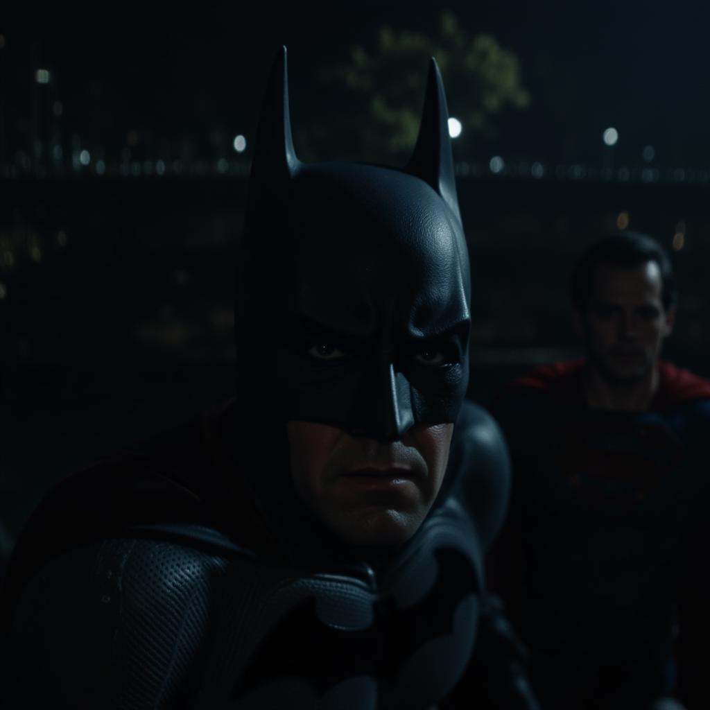 cinematic film still of Split focus In Split Diopter style,  Split image focus of a batman staring to camera with superman...