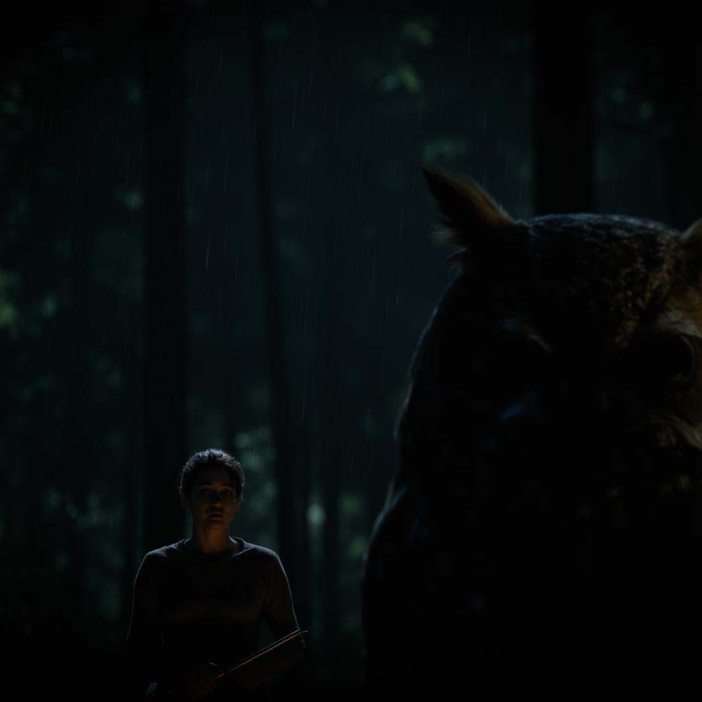 cinematic film still of Split focus In Split Diopter style,  Split image focus of a closeup of a large owl staring at came...