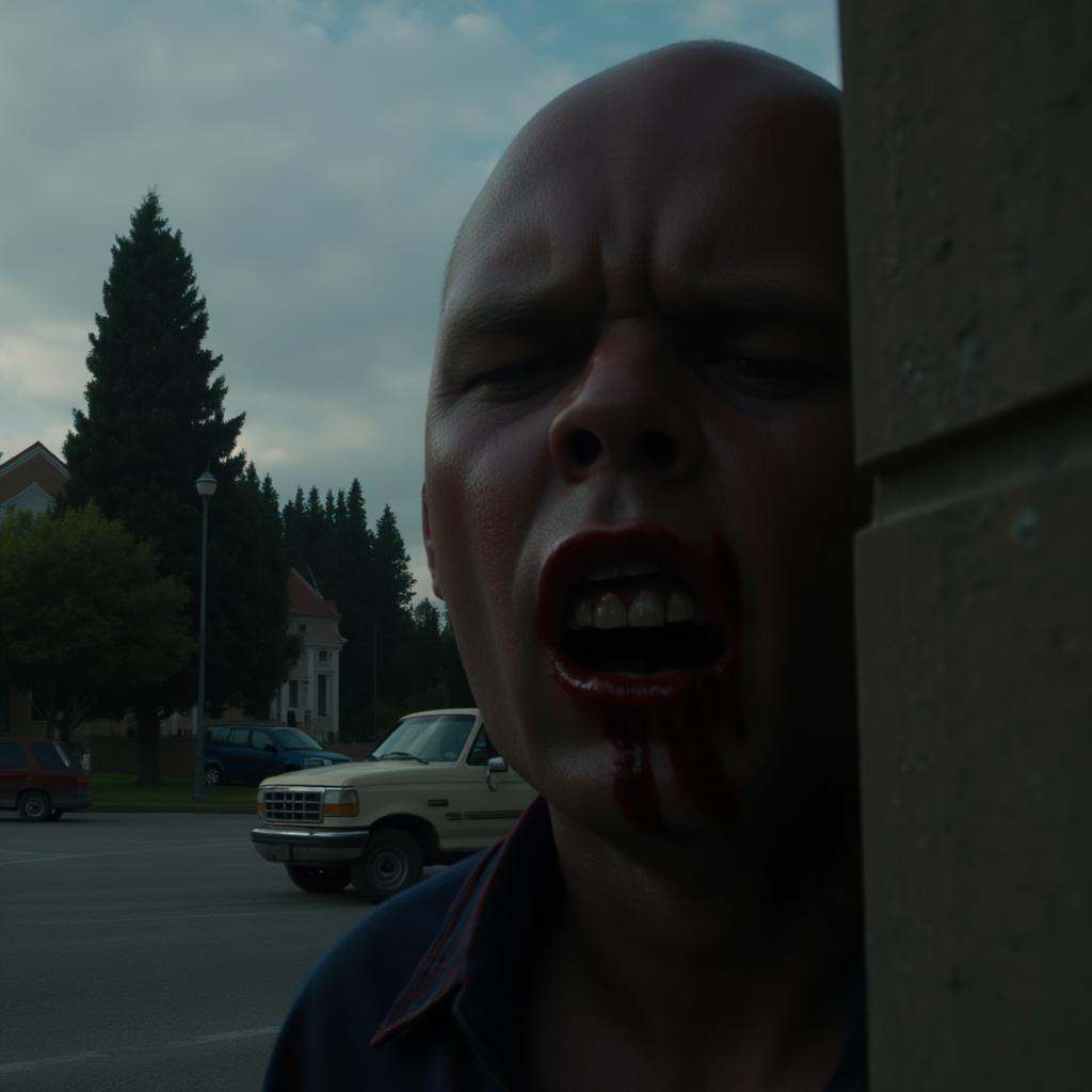 cinematic film still of Split focus In Split Diopter style,  Split image focus of a closeup of a bald man with a bloody fa...