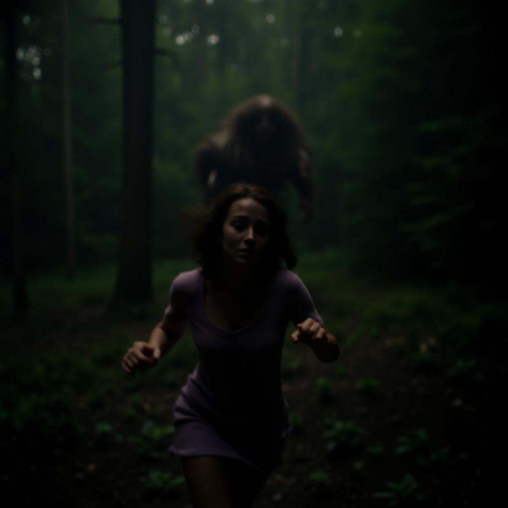 cinematic film still of Split image focus of a woman running from a monster behind her in the woods,  shallow depth of fie...