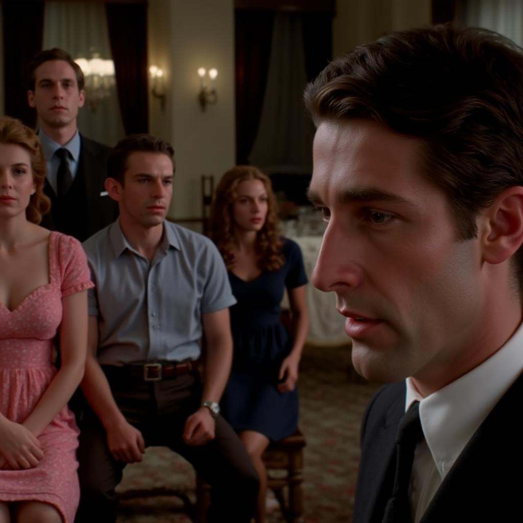 a group of people on the left are sitting in a room looking at a closeup of a profile of a man to the right,  cinematic fi...