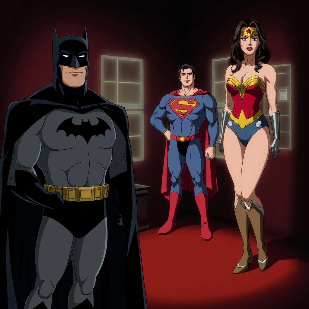 a manga cartoon scene of batman on the left standing in front of camera in a room in front of superman and wonder woman on...