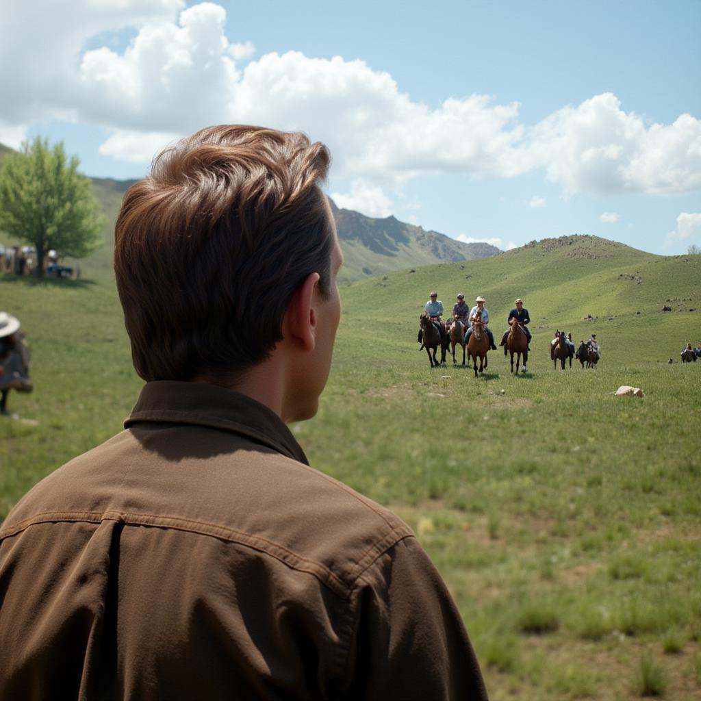 a man's back from behind on the left looking at a group of people riding horses far away on the right in the fields,  cine...