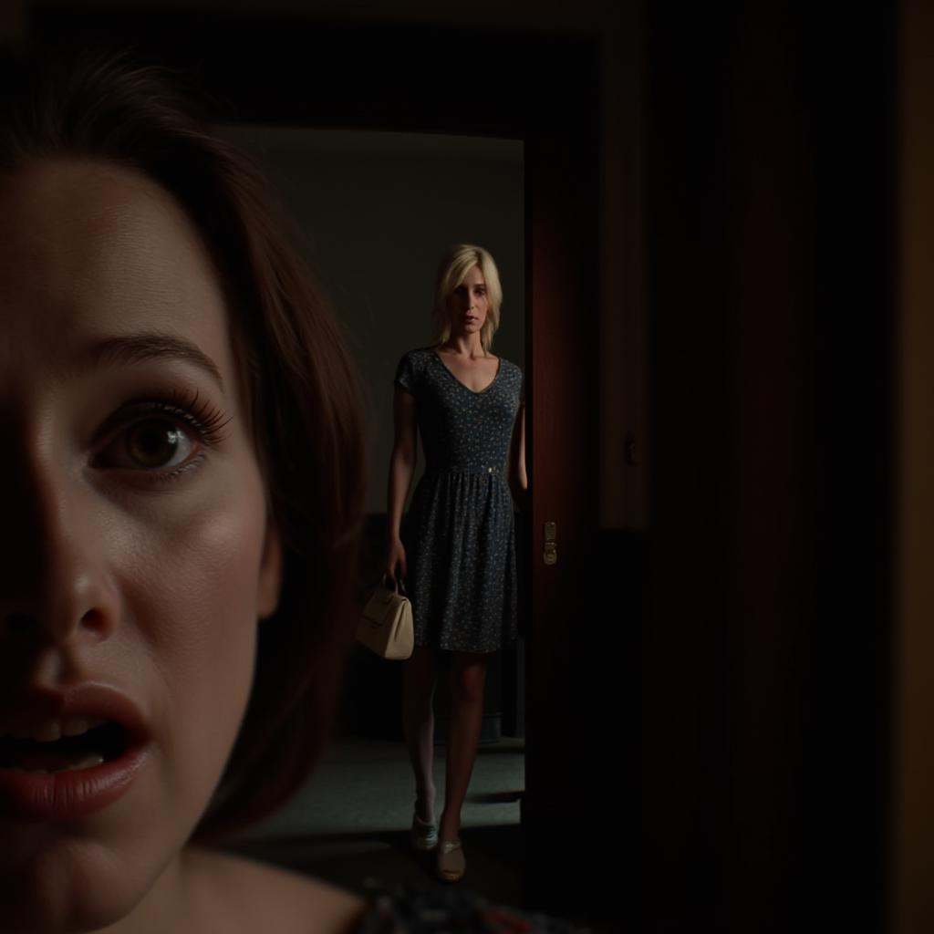 a closeup of a reflection of a very surprised young woman on the left looking at an older woman standing in a doorway with...