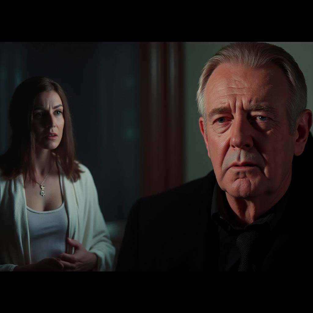 an old man on the right looking sad at a woman on the left in a mirror in background,  cinematic film style,  solo on Tens...