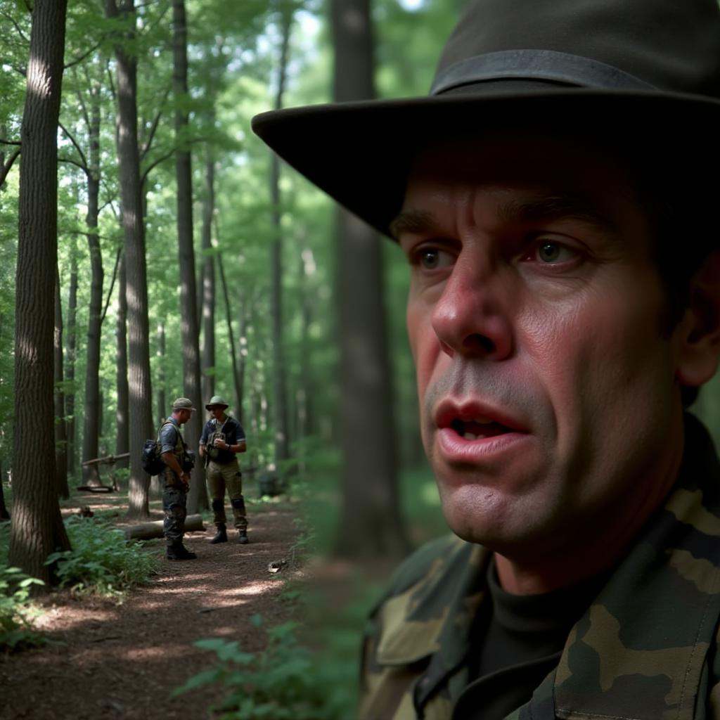 a closeup profile of a serious looking man on the right with camouflaged face looking at camera with couple of soldiers st...