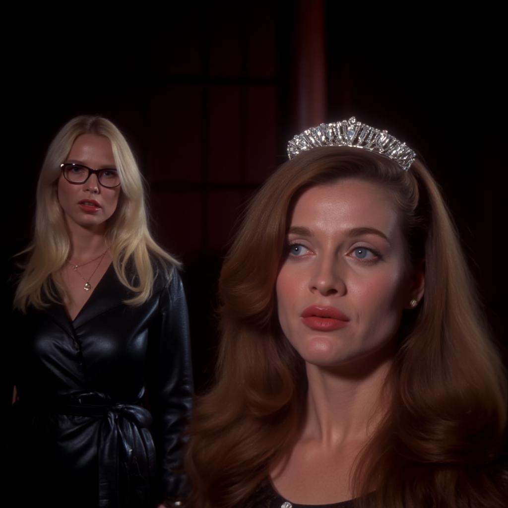 analog film photo of In the 1970's a closeup of a woman with a tiara on the right staring at camera in front of another bl...