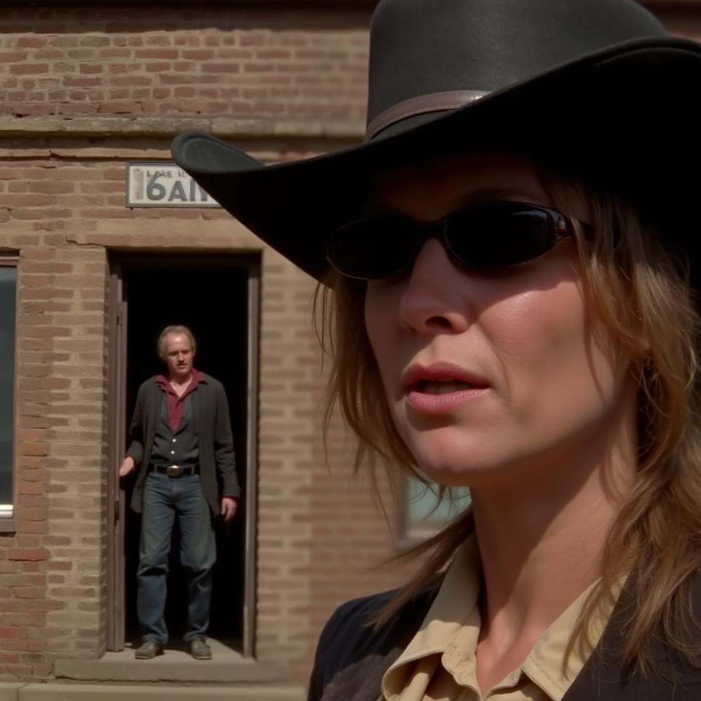 a closeup of a cowboy woman on the right wearing a hat and sunglasses looking at camera in front of a man walking to a ban...