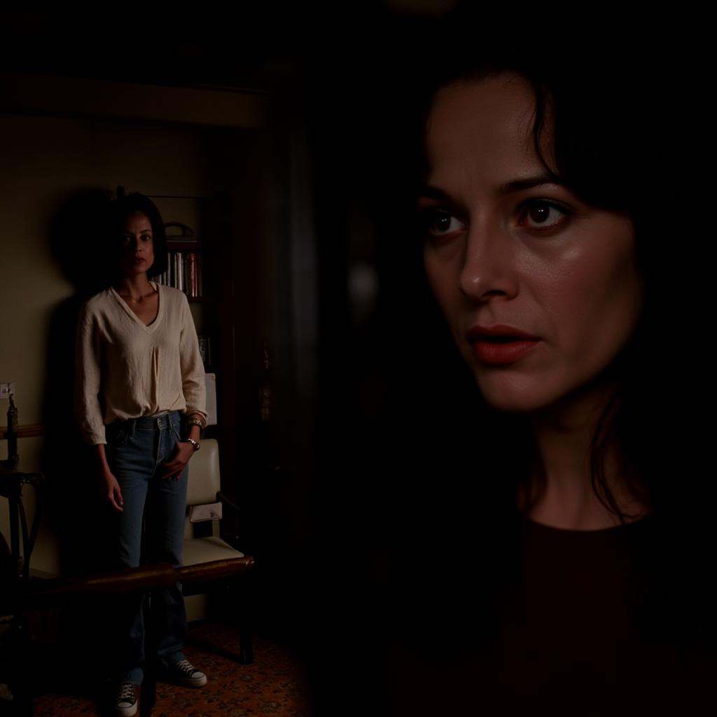 a black woman standing in a room with a chairs in the background on the left looking at a closeup of another black woman s...