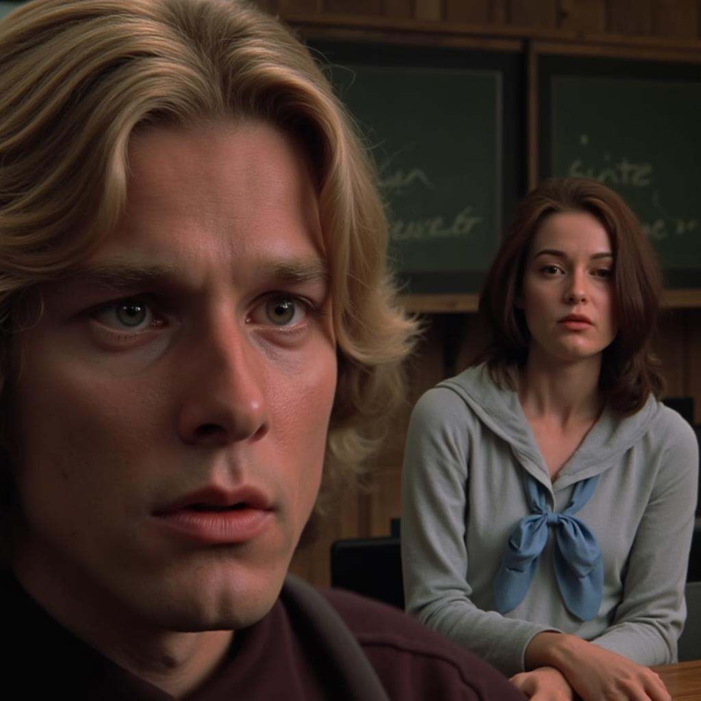 cinematic film still of In 1970's a closeup of a young blonde man on the left staring at camera in front of a young woman...
