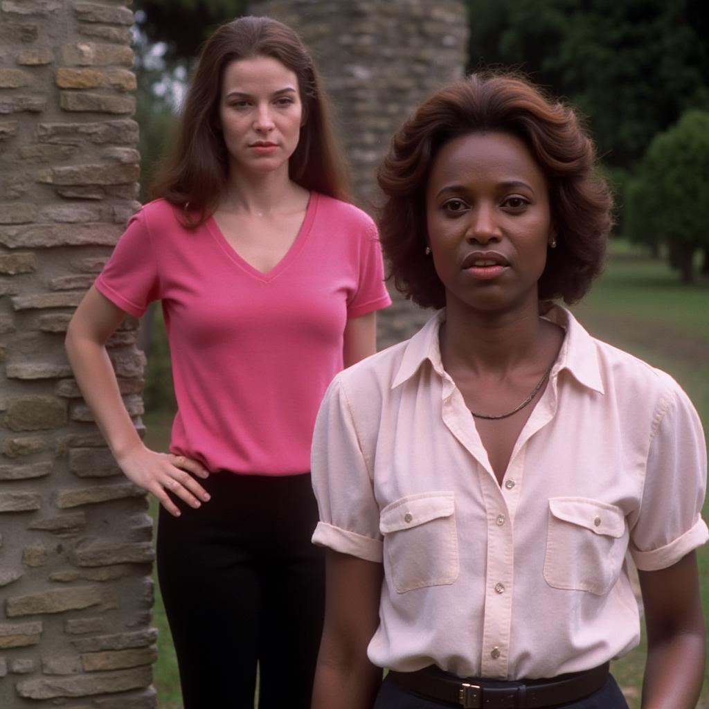 analog film photo of a black woman staring at camera on the left while standing behind a white woman with pink shirt and b...