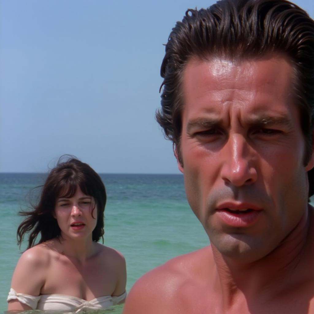 a closeup of a man on the right is standing in the water looking at camera with a woman on the left swimming,  cinematic f...
