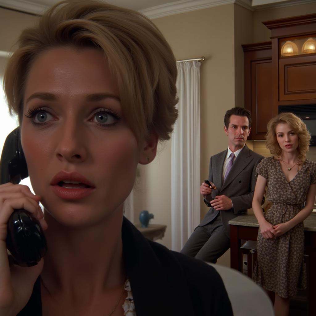a woman on the left talking on a vintage cell phone while a man and another woman sits in the kitchen on the right looking...