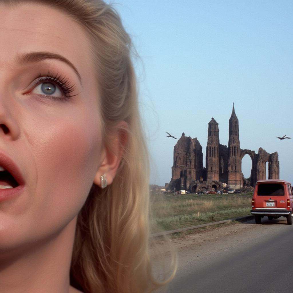 analog film photo of a closeup of a blonde woman on the left with a surprised look on her face looking up at something wit...