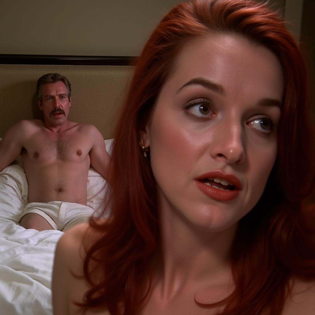 analog film photo of a closeup of a woman with red hair staring at the camera on the right in front of a n older topless m...