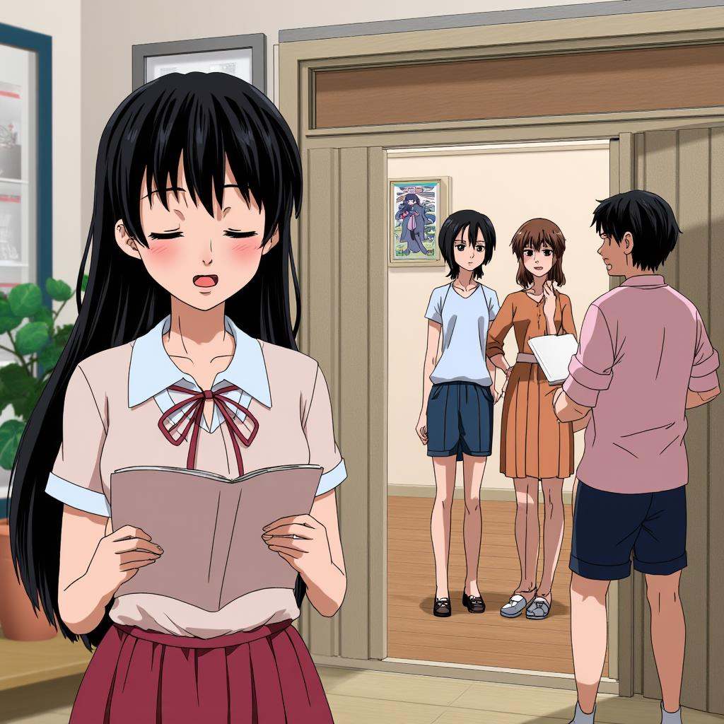 manga style art of a manga cartoon scene of woman on the left reading a book in a room in front of a group of people talki...