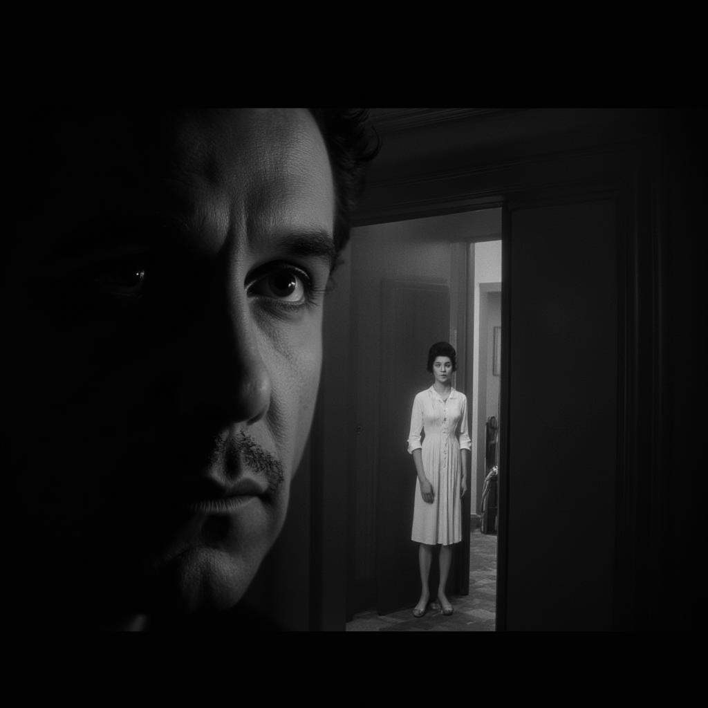 cinematic film still of a closeup of a man on the left with his eye staring up in front of a door in background:-1 with a...