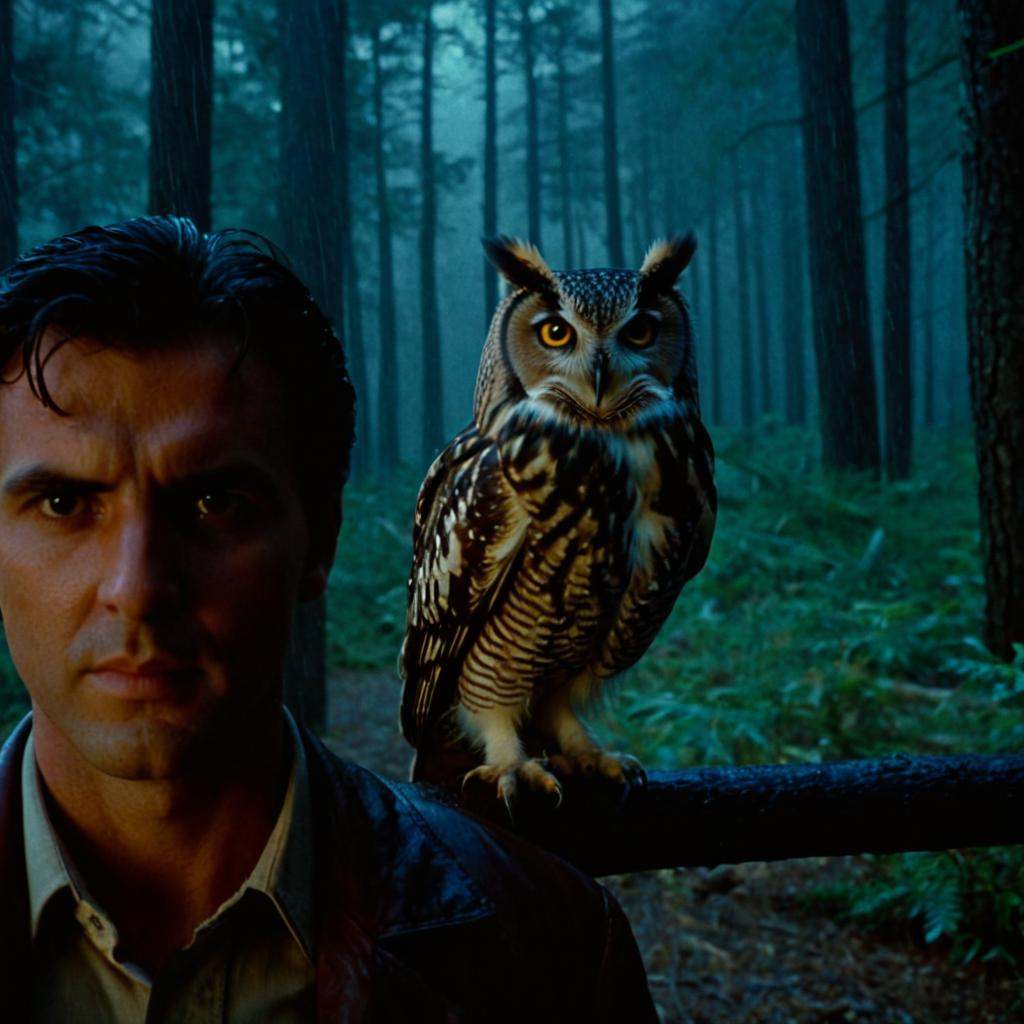cinematic film still of a closeup of a large owl on the right staring at camera in front of a man on the left looking at i...